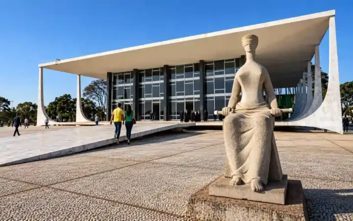 Fachada do Supremo Tribunal Federal, em Brasília, com a escultura da Justiça em primeiro plano, pessoas circulando pela praça e um casal vestido de verde e amarelo subindo a rampa de acesso.